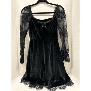 Goth black velvet black lace sleeve dress size small